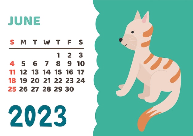 Animals calendar 2023 Cute monthly calendar with different animals funny woodland and savanna characters childrens poster vector almanac Cat june