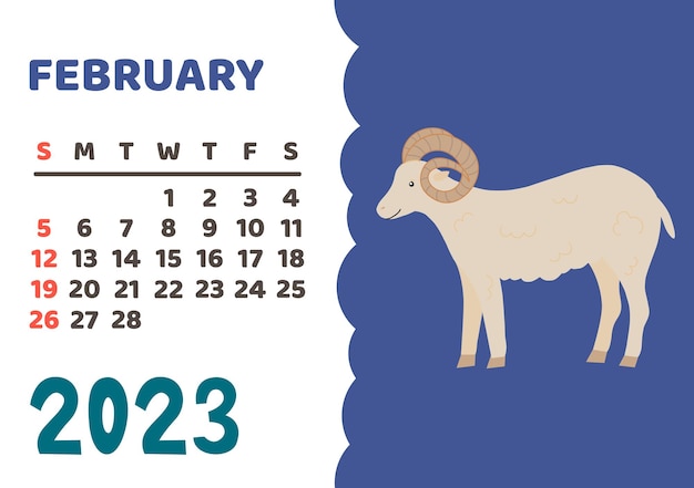 Calendario degli animali 2023 calendario mensile carino con diversi animali divertenti personaggi dei boschi e della savana poster per bambini vettore almanacco febbraio baran