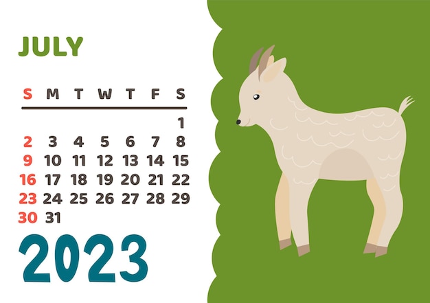 Animals calendar 2023 cute monthly calendar with different animals funny woodland and savanna characters childrens poster vector almanac july lamb