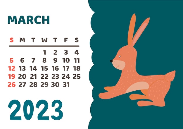 Animals calendar 2023 Cute monthly calendar with different animals funny woodland and savanna characters childrens poster vector almanac March hare