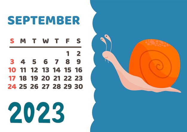 Animals calendar 2023 Cute monthly calendar with different animals funny woodland and savanna characters childrens poster vector almanac September snail