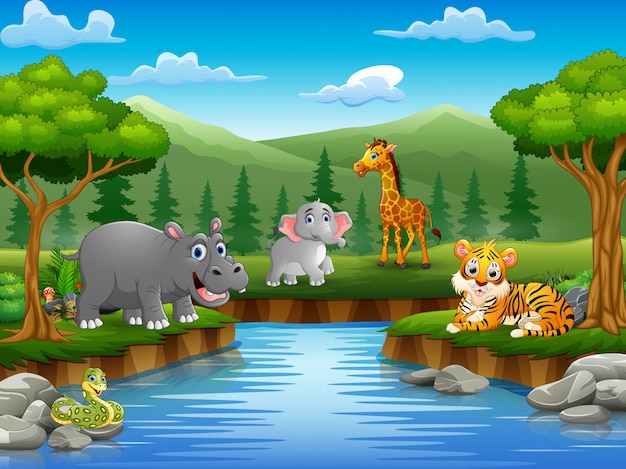 Il fumetto degli animali si sta godendo la natura vicino al fiume