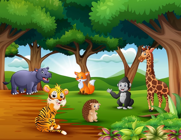 Мультфильм животных наслаждается природой в джунглях