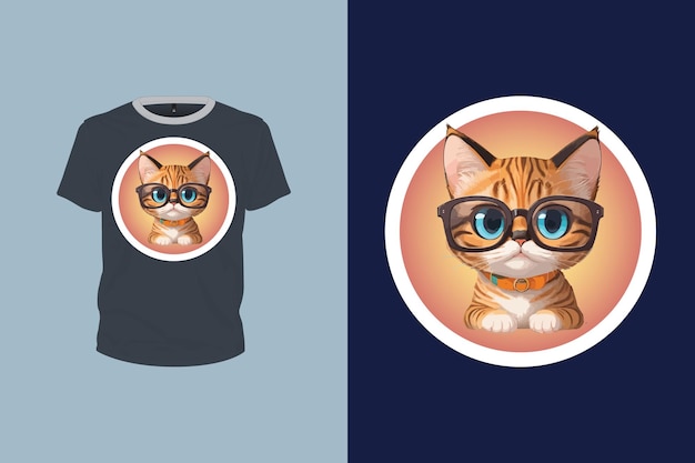 티셔츠 디자인을 위해 선글라스를 가진 고양이 일러스트레이션 편집 가능한 인쇄 준비 터 파일