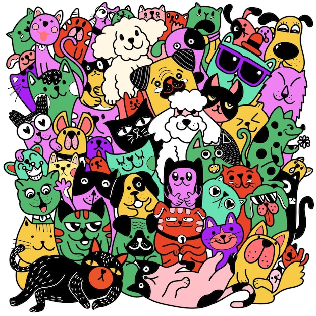 Animals cats and dogs vector pattern hand drawn doodles\
pets