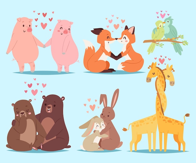 Animals couple in love valentines day holiday vector illustration