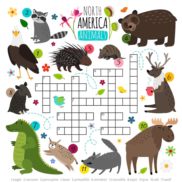 Animals crossword. Kids words brainteaser with north america animal set, word searching puzzle game