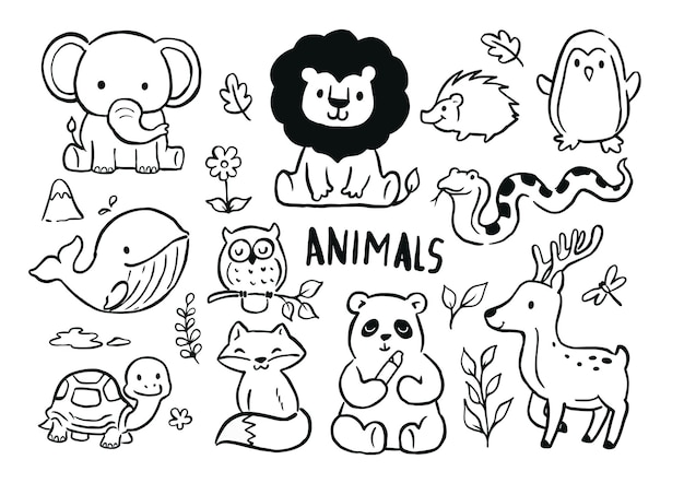 Vector animals doodle set for kids