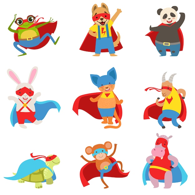 Animals dressed as superheroes with capes and masks set