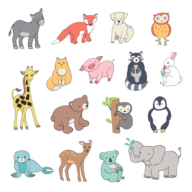 Animals elephant bear giraffe fox dog cat pig raccoon sloth donkey owl vector illustrations set