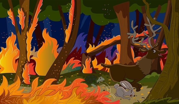 Животные спасаются от лесных пожаров и лесных пожаров background.vector иллюстрации.