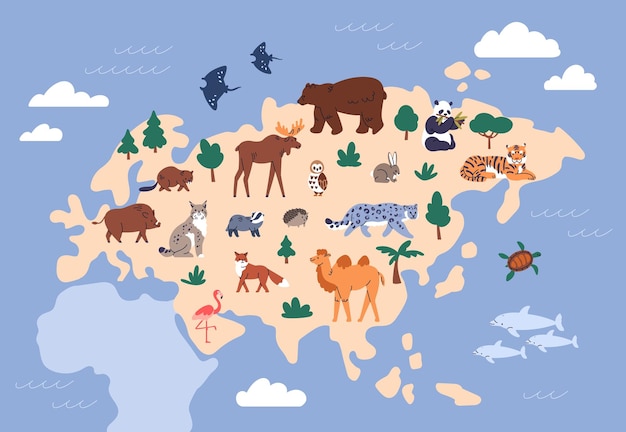 Vector animals on eurasia map. cute wild eurasian mammals, fauna. land and sea wildlife. terrestrial and marine zoology of europe and asia. camel, elk, boar, bear and tiger. childish flat vector illustration