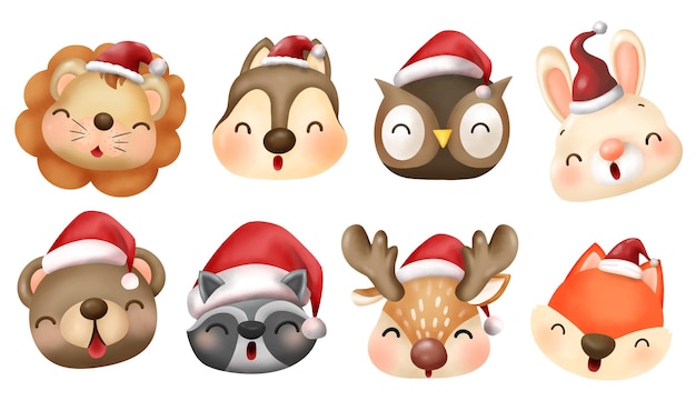 Faccia di animali con cappello di natale o cappello di babbo natale acquerello vector