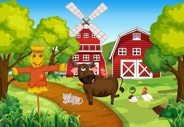 Vector animals in farm landscape
