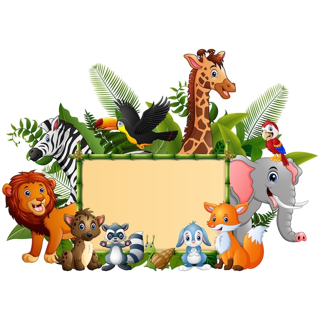 Vector animals forest cartoon with blank sign bamboo