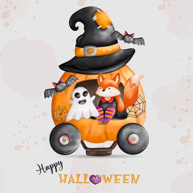 Animals in halloween costumes for halloween holiday fox witch\
and ghost sitting on pumpkin carxdxa