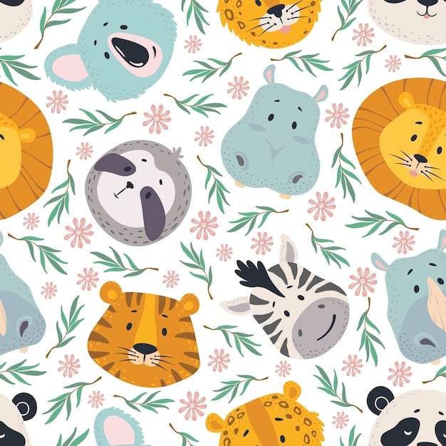 Animals head seamless pattern Cute lion tiger zebra koala and hipp sloth and leopard faces