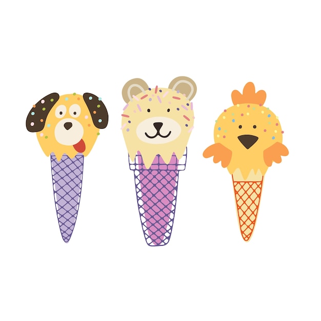 Animals ice cream illustration set