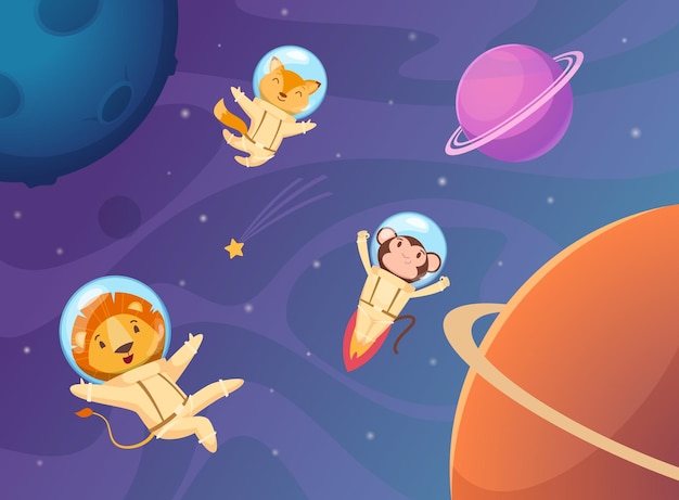 宇宙の動物漫画面白い宇宙飛行士旅行者ヘルメットとジャンプ スーツ プロの制服正確なベクトル動物園文字背景