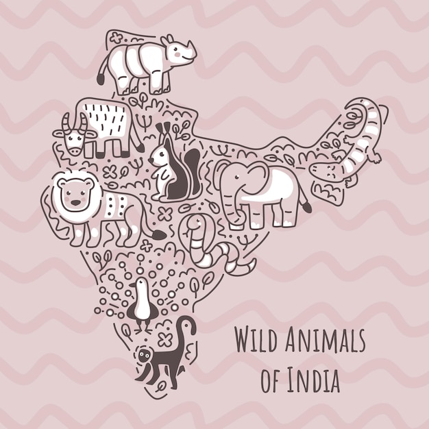 Animals of India on map Doodle style illustration Outline sketch