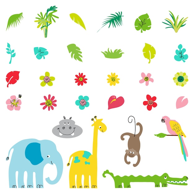 Vector animals in the jungle icon illustration with cute elements design