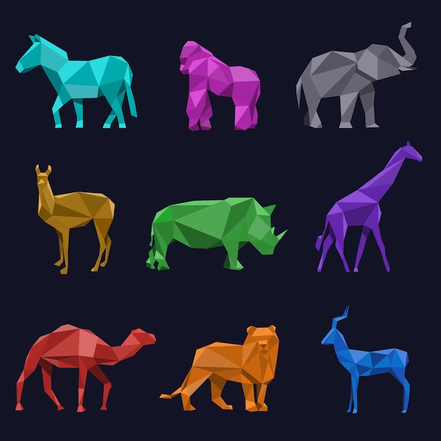 Низкополигональные животные. косуля и лев, носорог, верблюд, слон, горилла и жираф, векторные иллюстрации