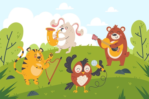 벡터 숲 속의 동물 음악가 재미있는 만화 캐릭터는 녹색 개간 어린이 엔터테인먼트 야생 동물 콘서트 삼림 생물 공연 벡터 격리 개념에서 오케스트라를 연주합니다.