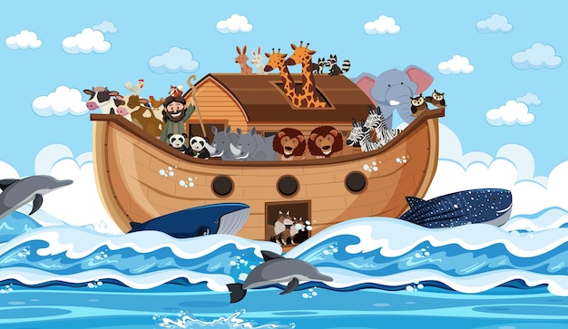 Animals on Noah's ark floating in the ocean scene