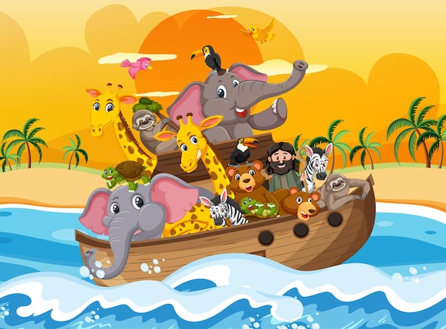 Animali sull'arca di noè che galleggiano nella scena dell'oceano