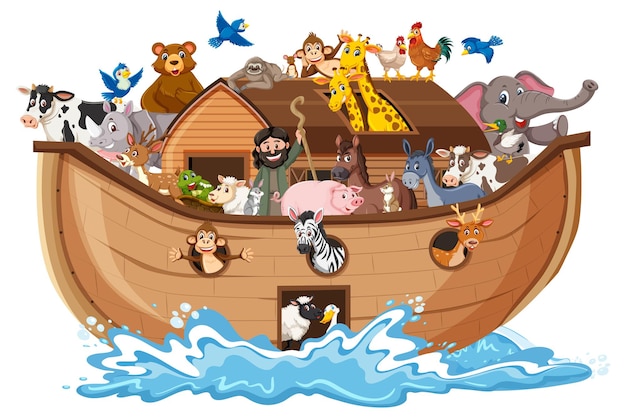 Животные на Ноев ковчег с морской волной, изолированные на белом фоне