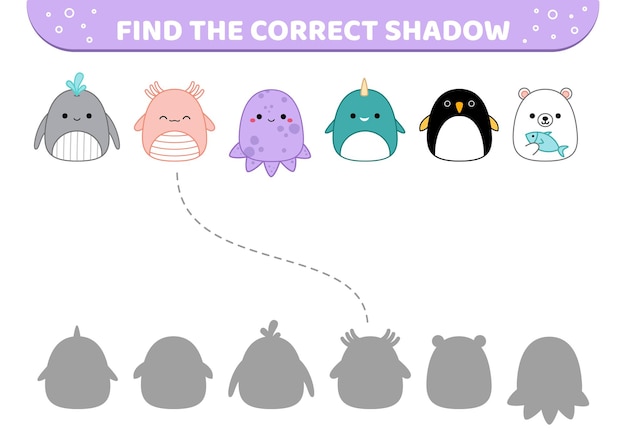 Animals of North Pole Squishmallow Find the correct shadow Shadow matching game Cartoon vector