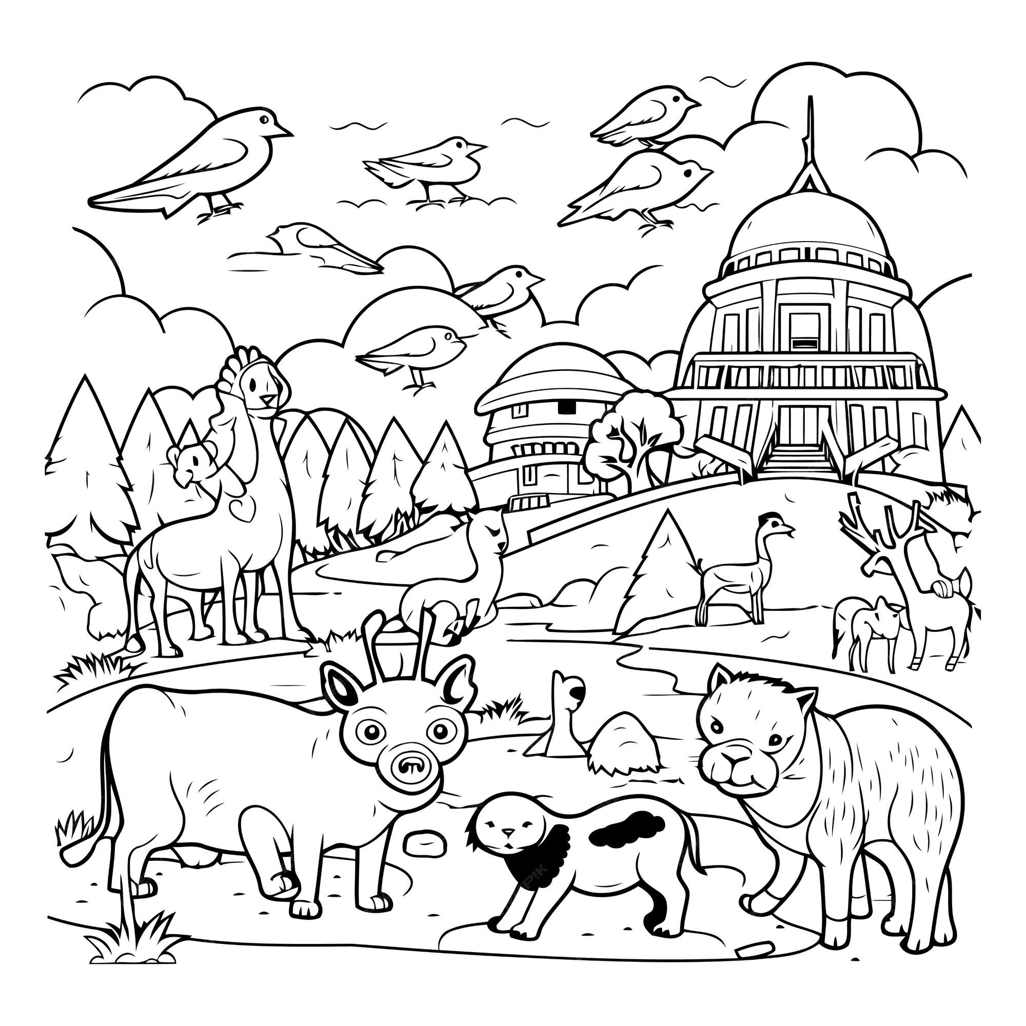 Premium Vector Animals in the park Coloring page for adults and children
