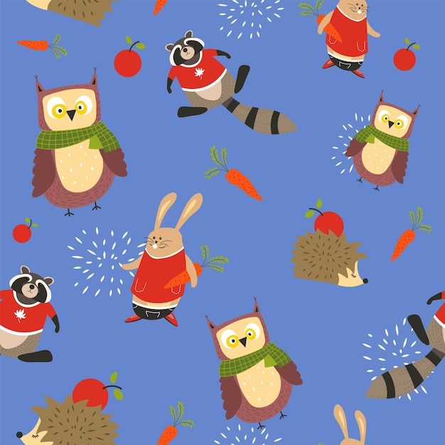 Animals pattern owl in scarf raccoon and hedgehog