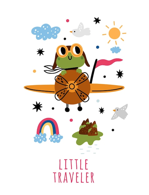 Animals pilots card frog character flying on plane airplane with cute aviator cartoon amphibian froglets adventure little traveler toad drive aircraft with propeller vector postcard