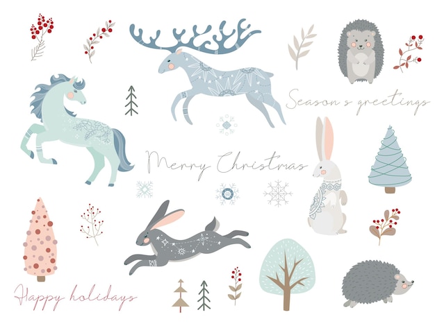 Animals and plants in boho or Scandinavian style. Christmas items. Large set with winter elements and holiday wishes. Winter vector illustration isolated on white background.