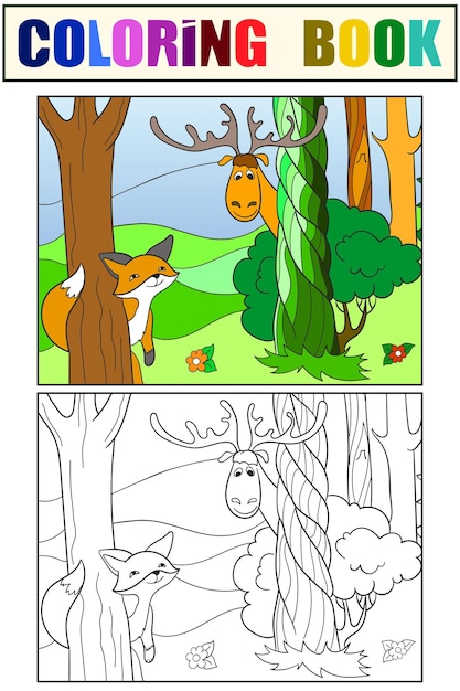 Animals play hide and seek Set of coloring book and color picture