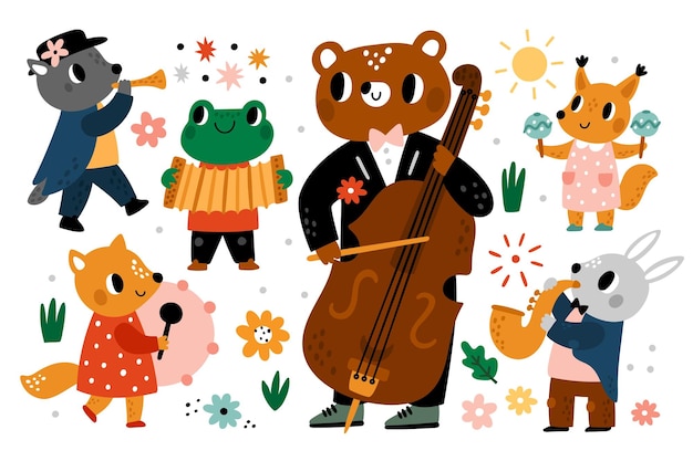 Animals play music Musicians with instruments Funny fairy tale characters Bear double bass player Hare with saxophone Trumpeter and drummer Vector musical orchestra performers set