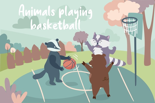 농구를 하는 동물들 배경 여우 곰과 양이 바구니에 공을 던지고 있다