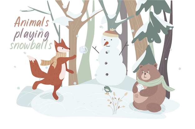 Animals playing snowballs concept background Cute pets greeting wintertime Fox and bear play