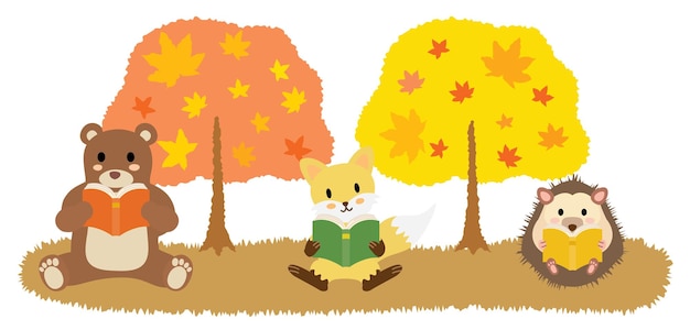 Animals reading a book in Autumn of reading