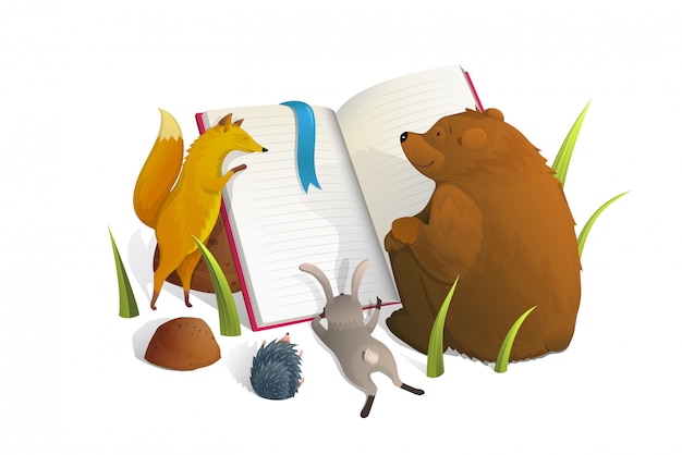 Vector animals reading book watercolor style illustration