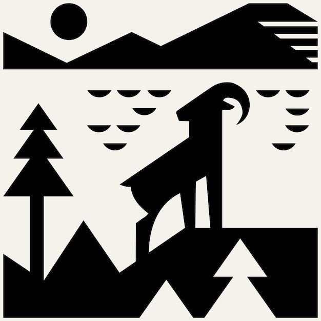 animals on a rocky hill with views of mountains and rivers in flat design style