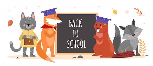 Animals in school education  illustration. cartoon  animalistic cute characters, raccoon fox cat beaver standing with blackboard and back to school text schooling concept  on white