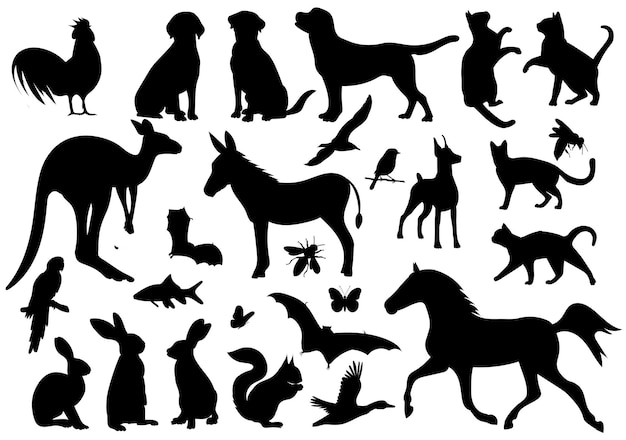 Vettore animali set silhouette, su sfondo bianco, vettore