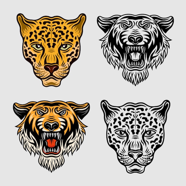 Animals set of vector objects in two styles colored and black and white Jaguar head and tiger head cartoon characters