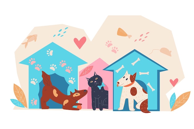 Vector animals shelter banner or poster template with dogs and cats pets adoption and money donation