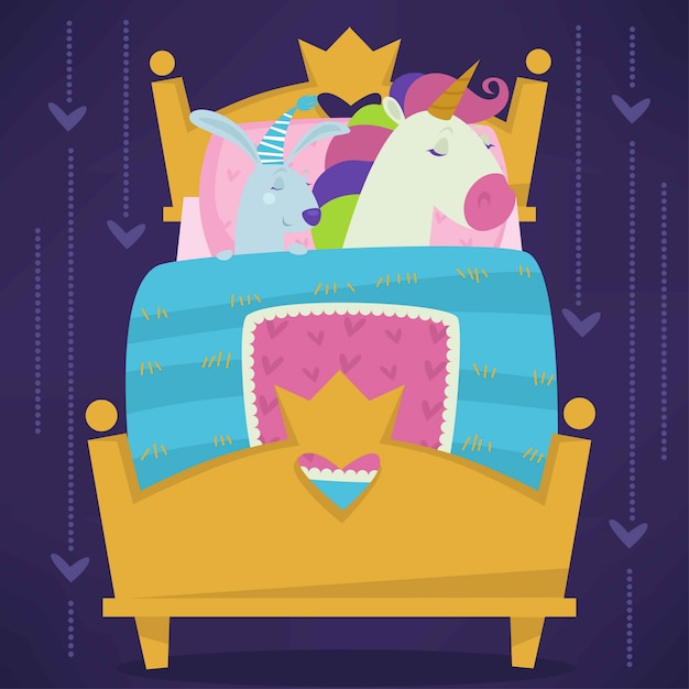 Vector animals sleeping in bed fairytale pets asleep set vector.