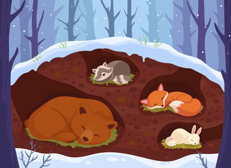 Vector animals sleeping in den animal sleep in underground burrow woodland winter snow season cute bear hibernation forest nature house cartoon wildlife ingenious illustration
