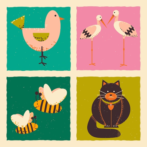 Vector animals square template with cat storks bird bees in grunge style