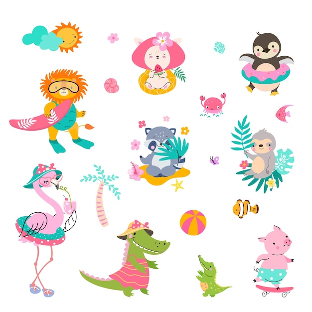 Vector animals summer activities animal surfer and vacation on beach cute lion sloth and crocodiles resting play ball and eating sweets nowaday funny vector clipart